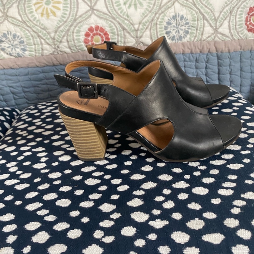 Clarks Black Leather Open-Toe Heels